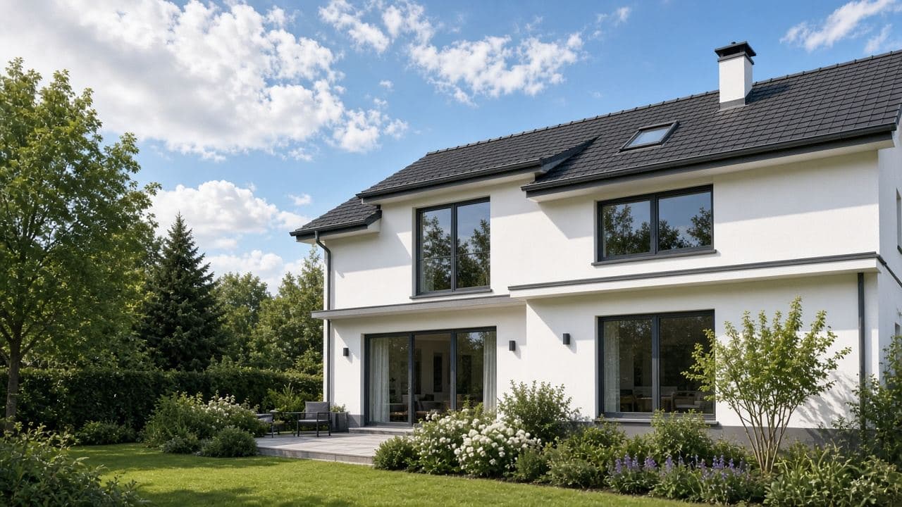 Gepflegte Fassade eines modernen Wohnhauses