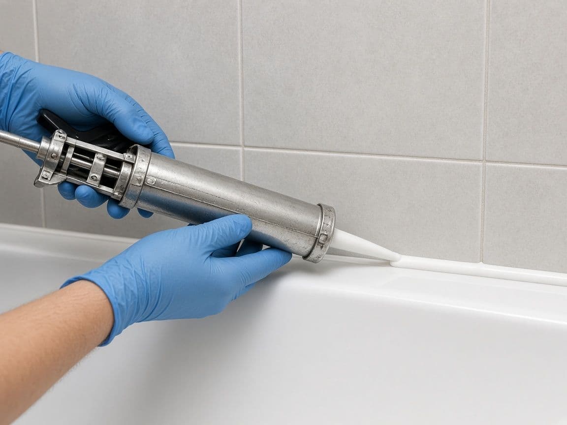 Hände mit blauen Handschuhen erneuern eine weiße Silikonfuge zwischen Fliesen und Badewanne